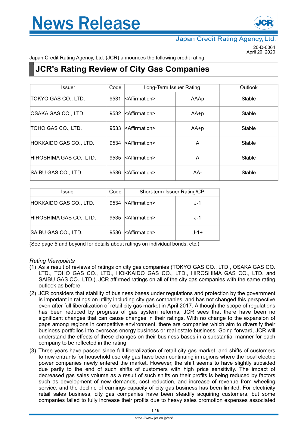 JCR's Rating Review of City Gas Companies