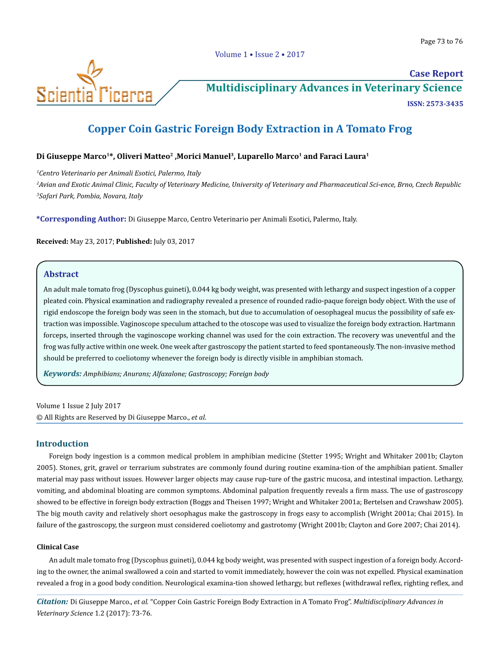Multidisciplinary Advances in Veterinary Science ISSN: 2573-3435
