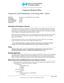 Vitamin B12 and Methylmalonic Acid Testing AHS – G2014