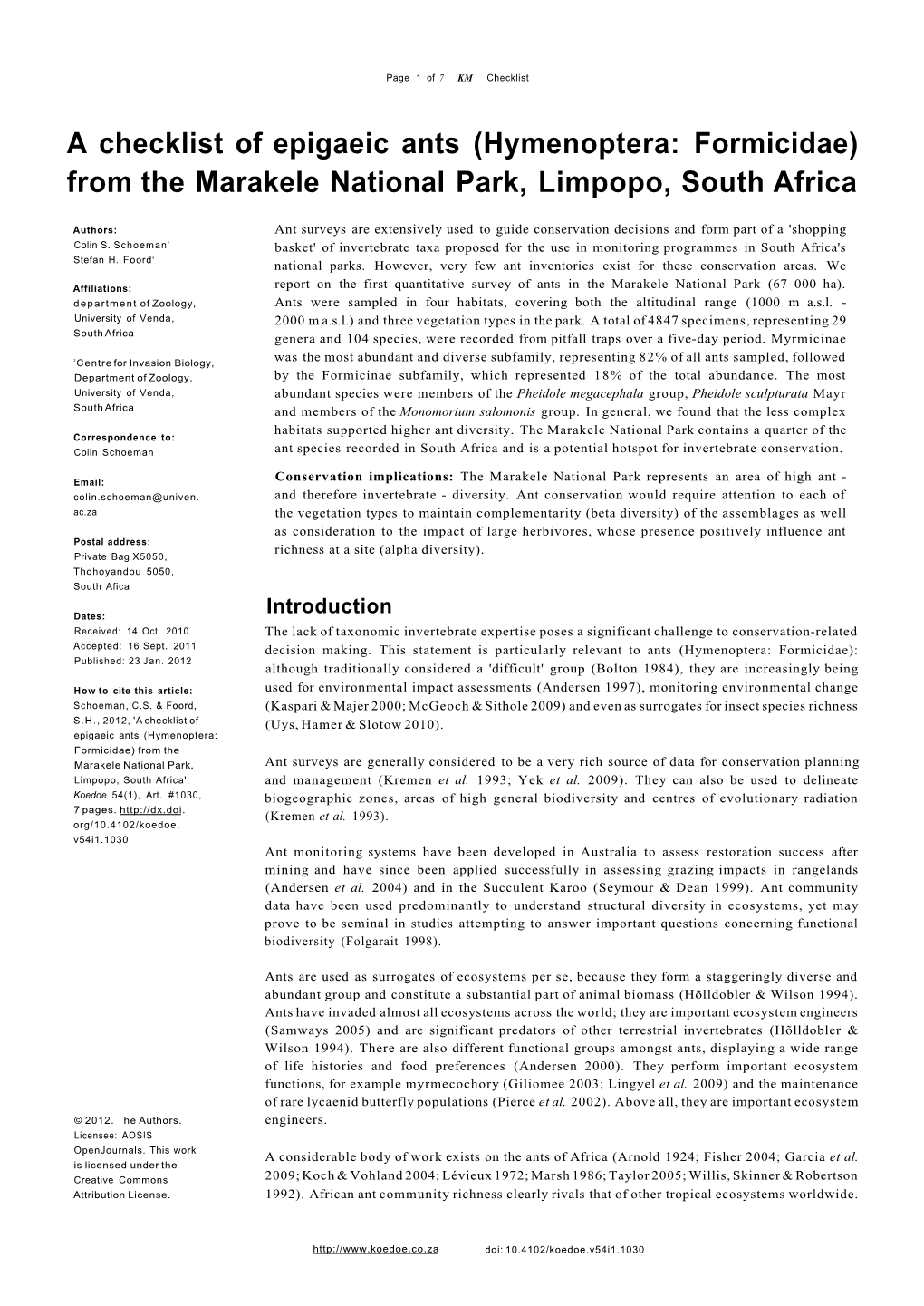 A Checklist of Epigaeic Ants (Hymenoptera: Formicidae) from the Marakele National Park, Limpopo, South Africa