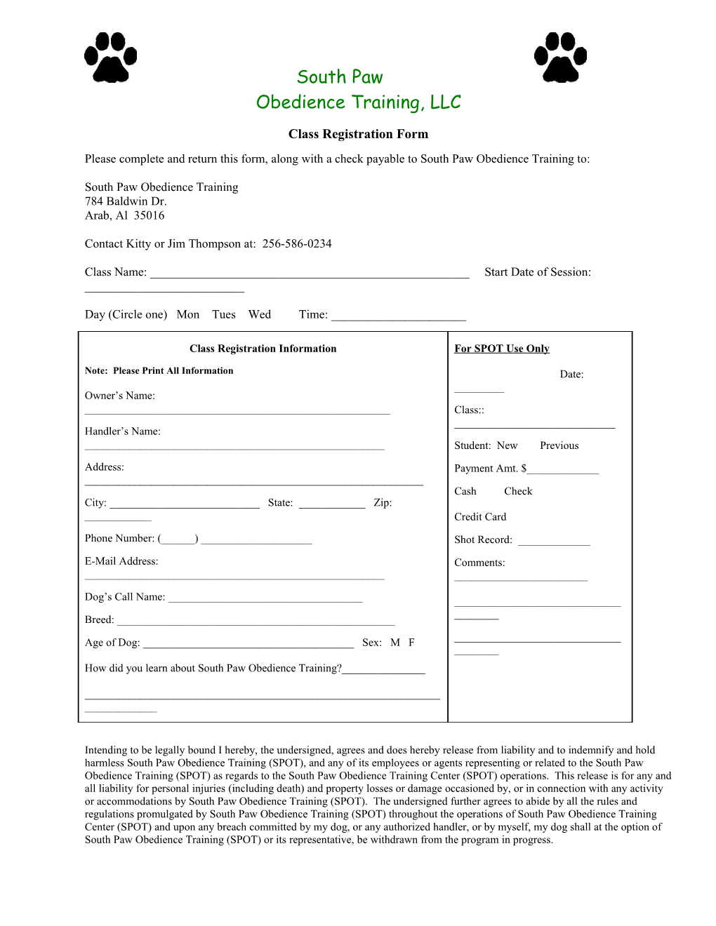 Class Registration Form