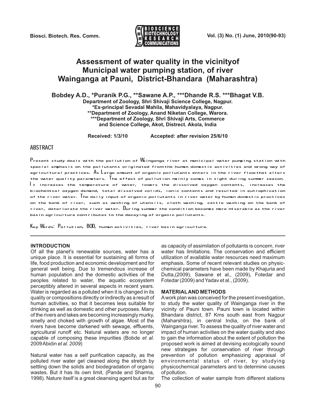 Assessment of Water Quality in the Vicinityof Municipal Water Pumping Station, of River Wainganga at Pauni, District-Bhandara (Maharashtra)