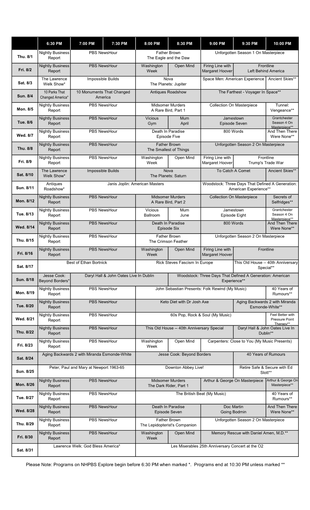 Programs on NHPBS Explore Begin Before 6:30 PM When Marked *