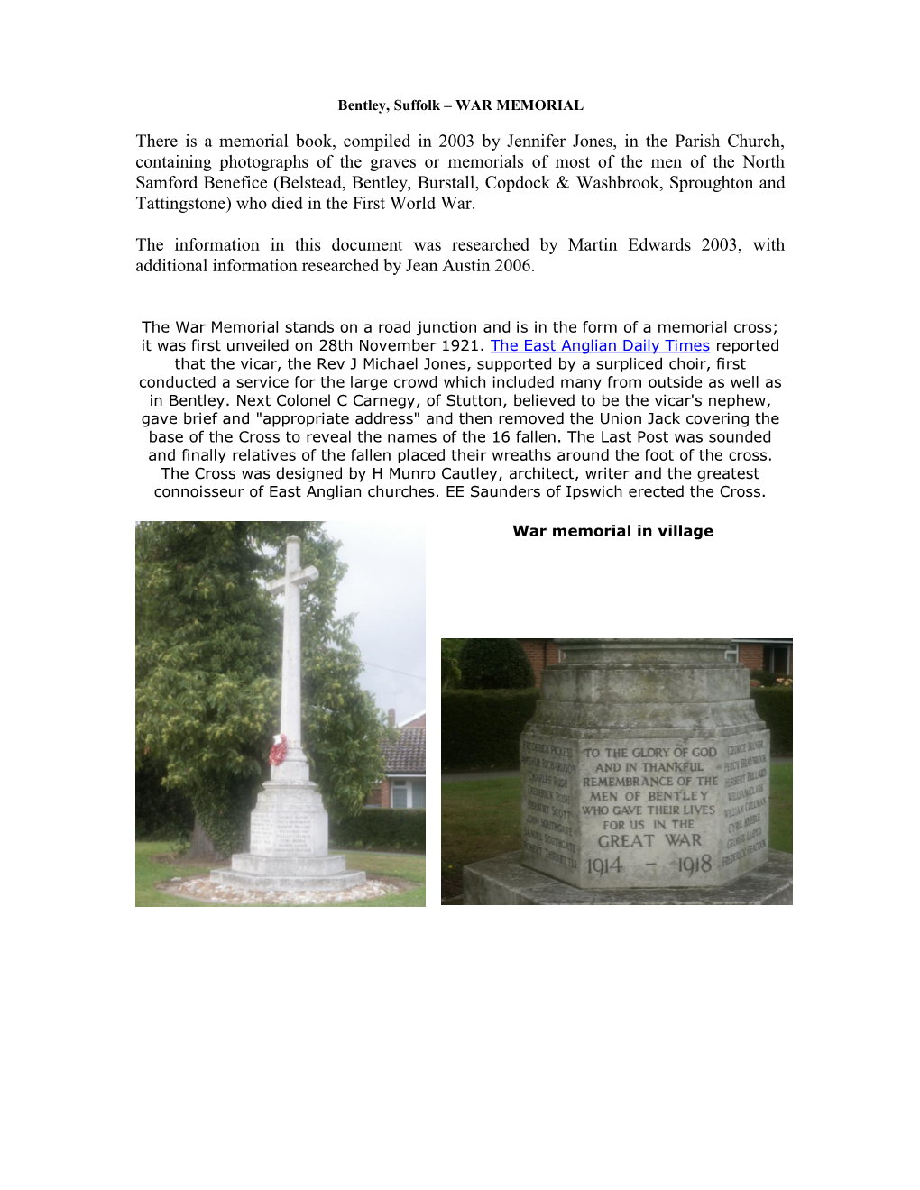 Bentley, Suffolk – WAR MEMORIAL