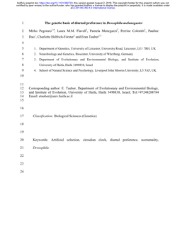 The Genetic Basis of Diurnal Preference in Drosophila Melanogaster 1 Mirko Pegoraro1,4, Laura M.M. Flavell1, Pamela Menegazzi2