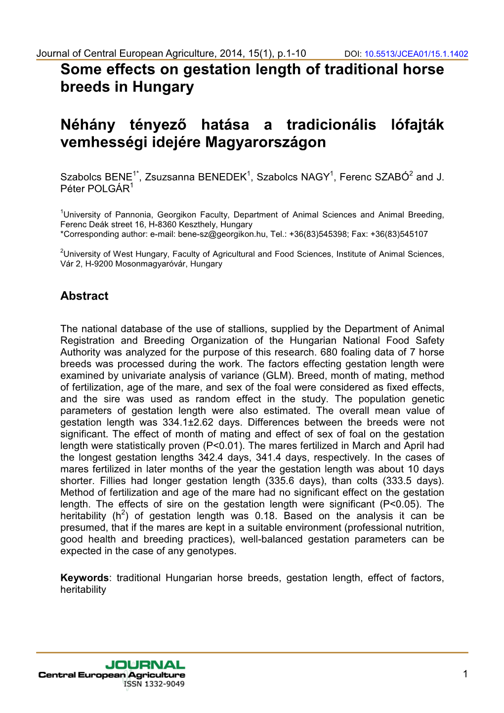 Some Effects on Gestation Length of Traditional Horse Breeds in Hungary