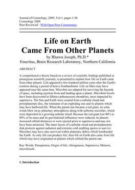 Life on Earth Came from Other Planets by Rhawn Joseph, Ph.D.* Emeritus, Brain Research Laboratory, Northern California