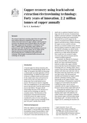 Copper Recovery Using Leach/Solvent Extraction/Electrowinning Technology