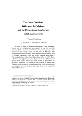 The Casus Codicis of Wilhelmus De Cabriano and the Dissensiones Dominorum About Laesio Enormis