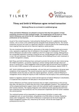 Tilney and Smith & Williamson Agree Revised Transaction