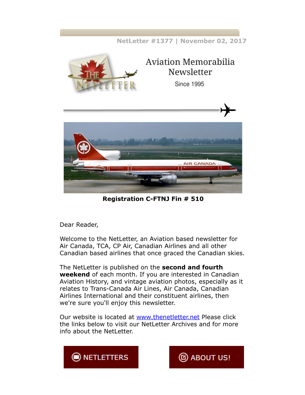 Netletter #1377 | November 02, 2017 Registration C-FTNJ Fin # 510 Dear