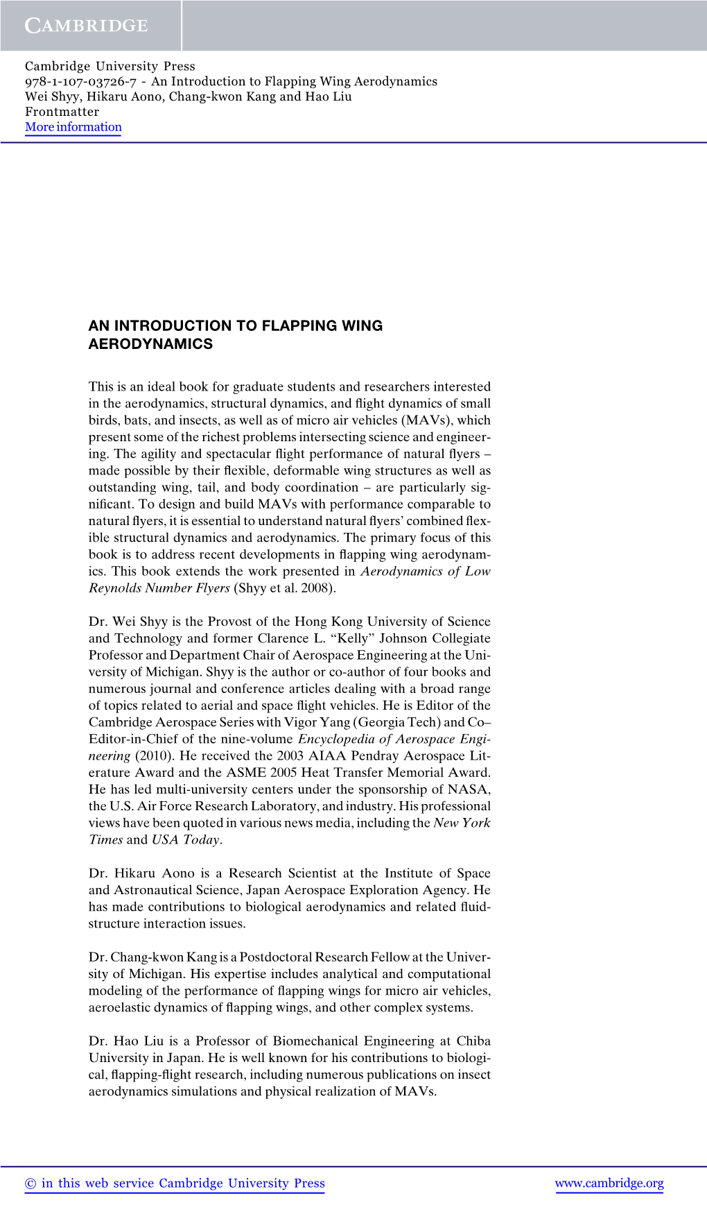 An Introduction to Flapping Wing Aerodynamics Wei Shyy, Hikaru Aono, Chang-Kwon Kang and Hao Liu Frontmatter More Information