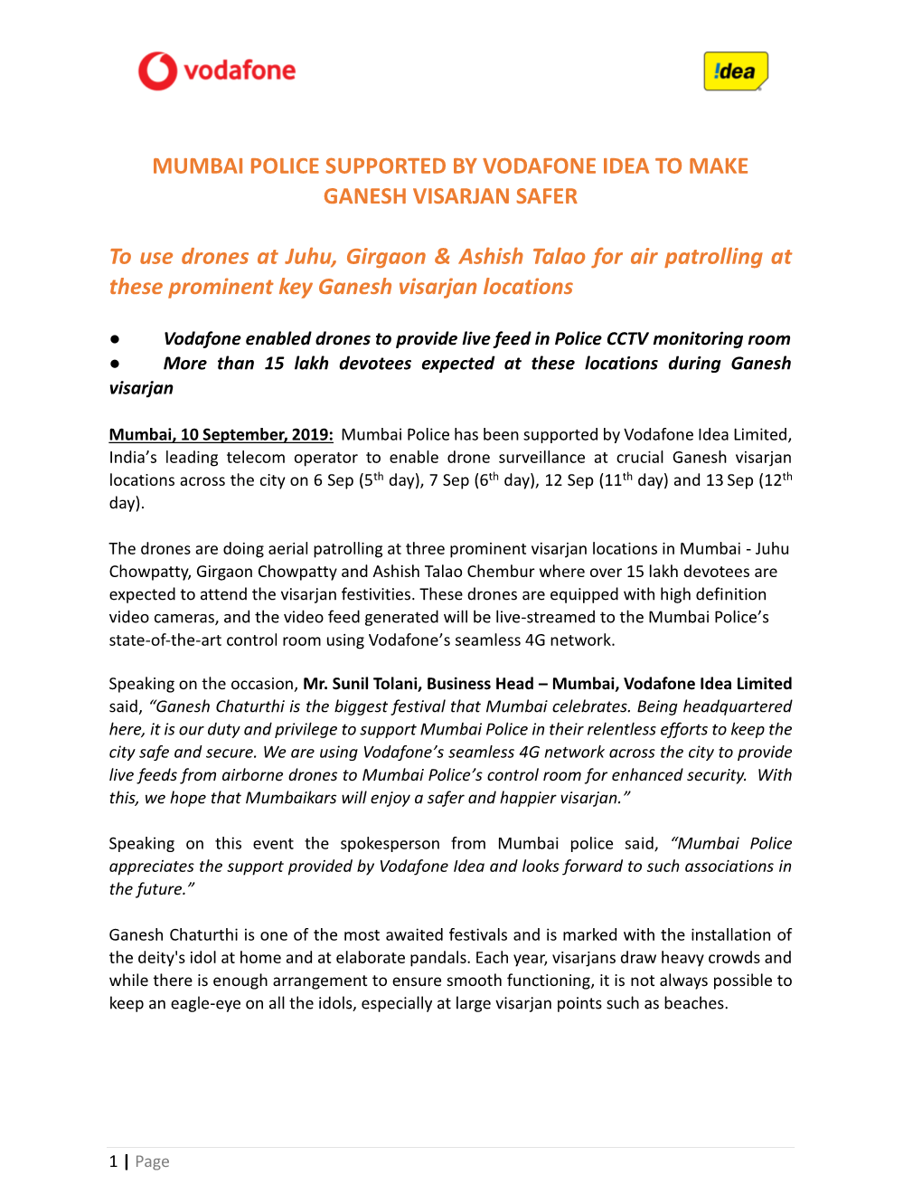 MUMBAI POLICE SUPPORTED by VODAFONE IDEA to MAKE GANESH VISARJAN SAFER to Use Drones at Juhu, Girgaon & Ashish Talao For