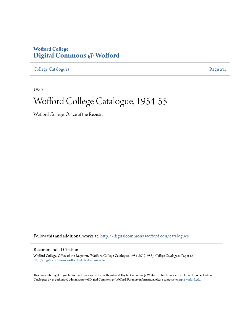 Wofford College Catalogue, 1954-55 Wofford College