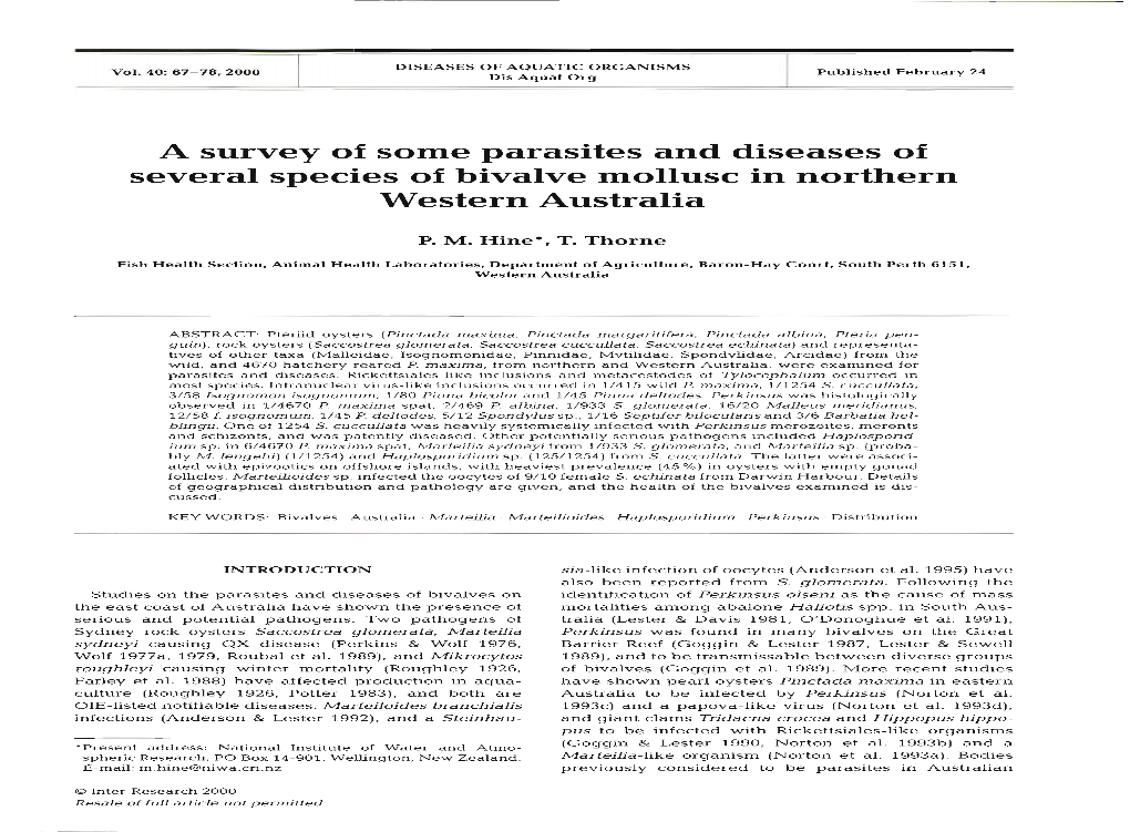 A Survey of Some Parasites and Diseases of Several Species of Bivalve Mollusc in Northern Western Australia