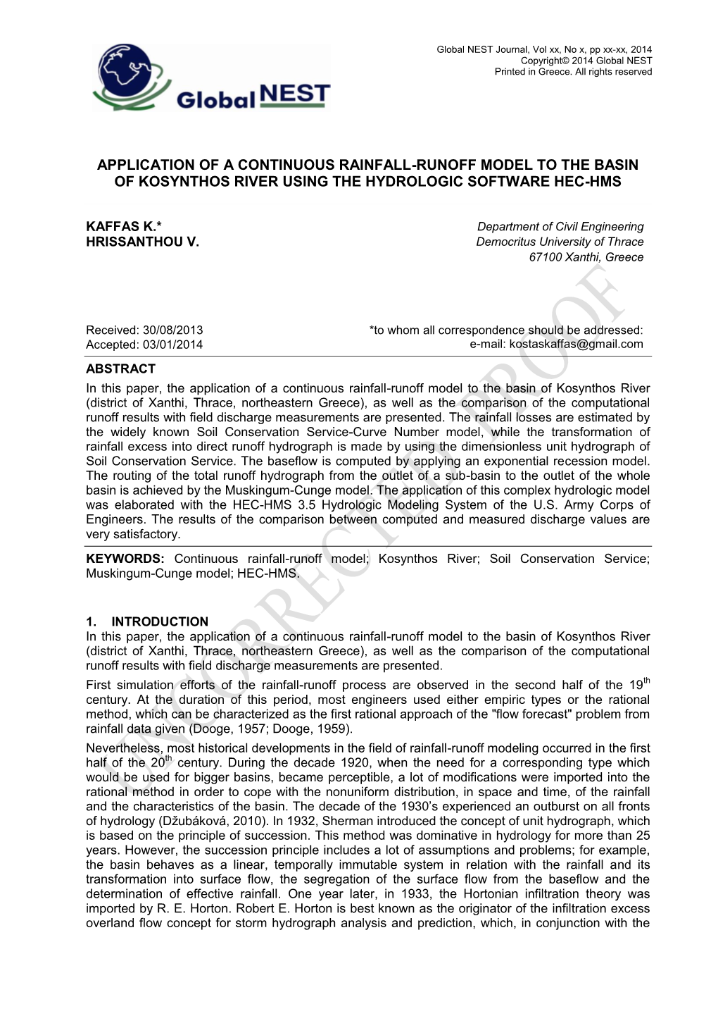 Application of a Continuous Rainfall-Runoff Model to the Basin of Kosynthos River Using the Hydrologic Software Hec-Hms