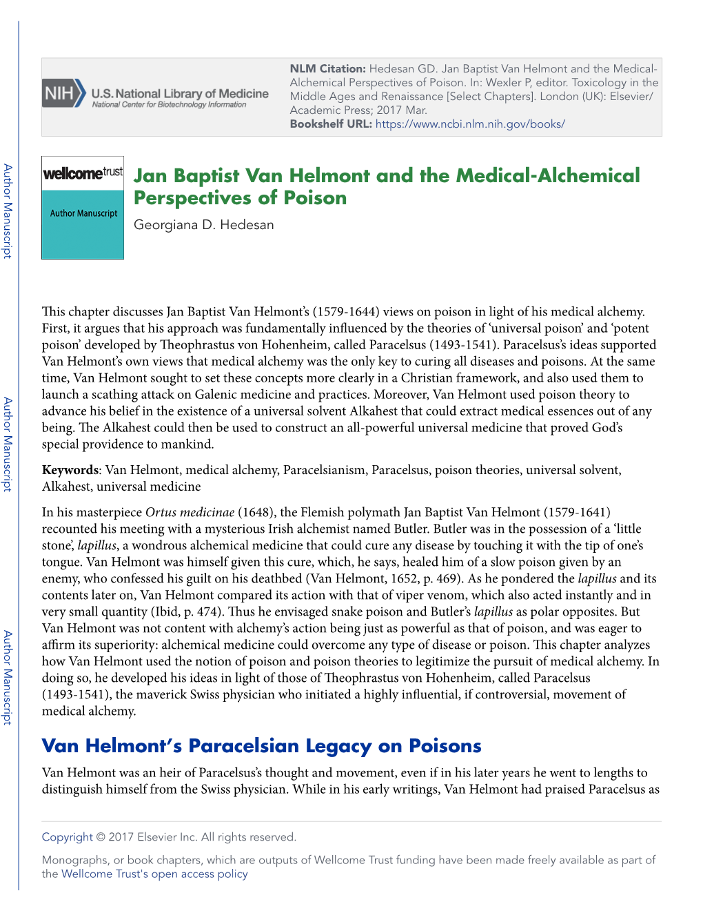 Jan Baptist Van Helmont and the Medical-Alchemical Perspectives of Poison Georgiana D