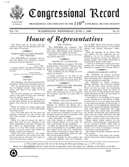 Congressional Record United States Th of America PROCEEDINGS and DEBATES of the 110 CONGRESS, SECOND SESSION