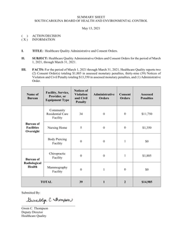 Summary Sheet South Carolina Board of Health and Environmental Control