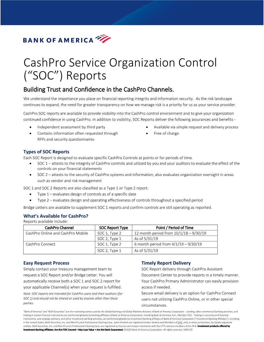 Cashpro Service Organization Control (“SOC”) Reports Building Trust and Confidence in the Cashpro Channels