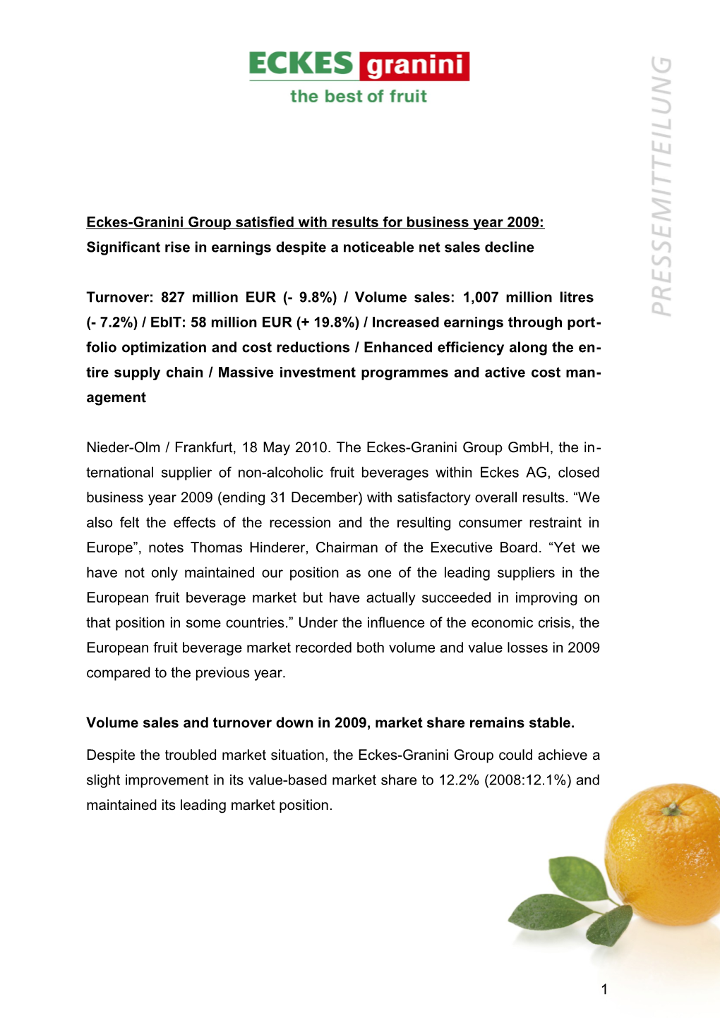 Eckes-Granini Group Satisfied with Results for Business Year 2009