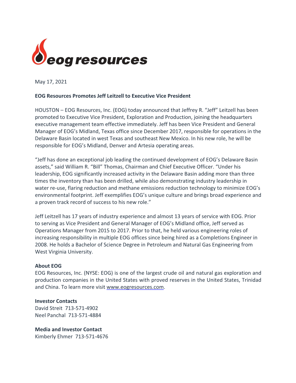 May 17, 2021 EOG Resources Promotes
