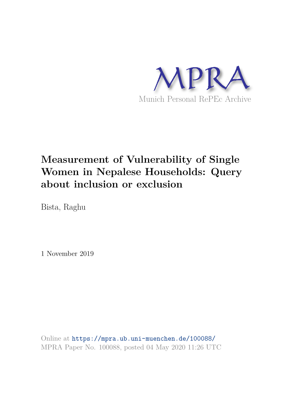 Measurement of Vulnerability of Single Women in Nepalese Households: Query About Inclusion Or Exclusion