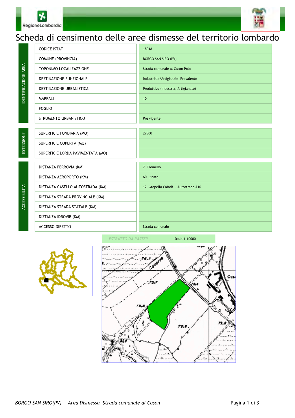 Scheda Di Censimento Delle Aree Dismesse Del Territorio Lombardo