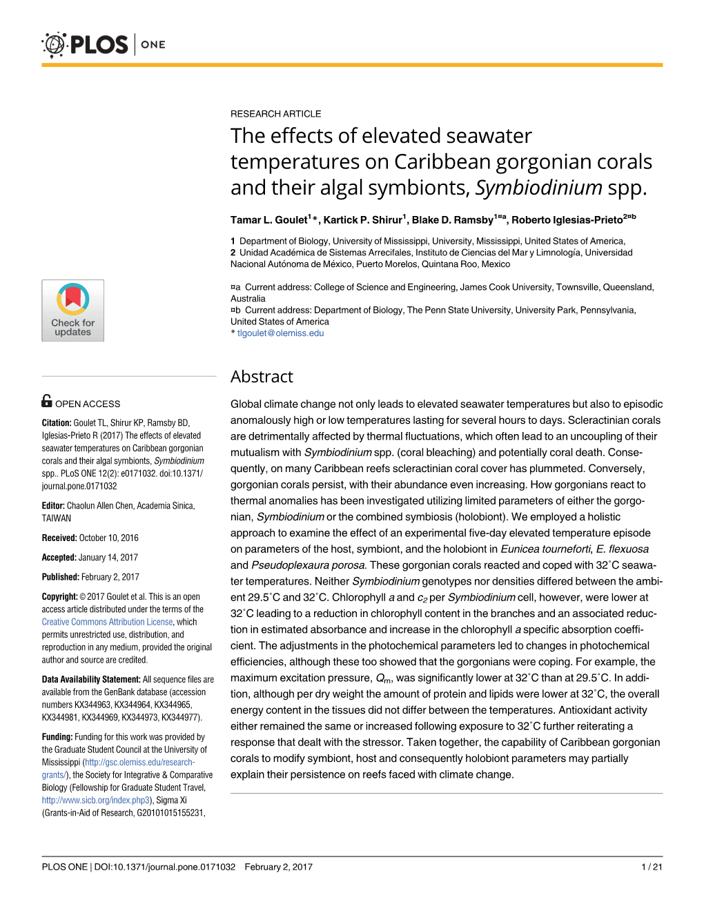 The Effects of Elevated Seawater Temperatures on Caribbean Gorgonian Corals and Their Algal Symbionts, Symbiodinium Spp