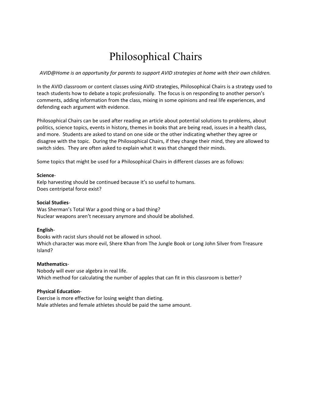 Philosophical Chairs