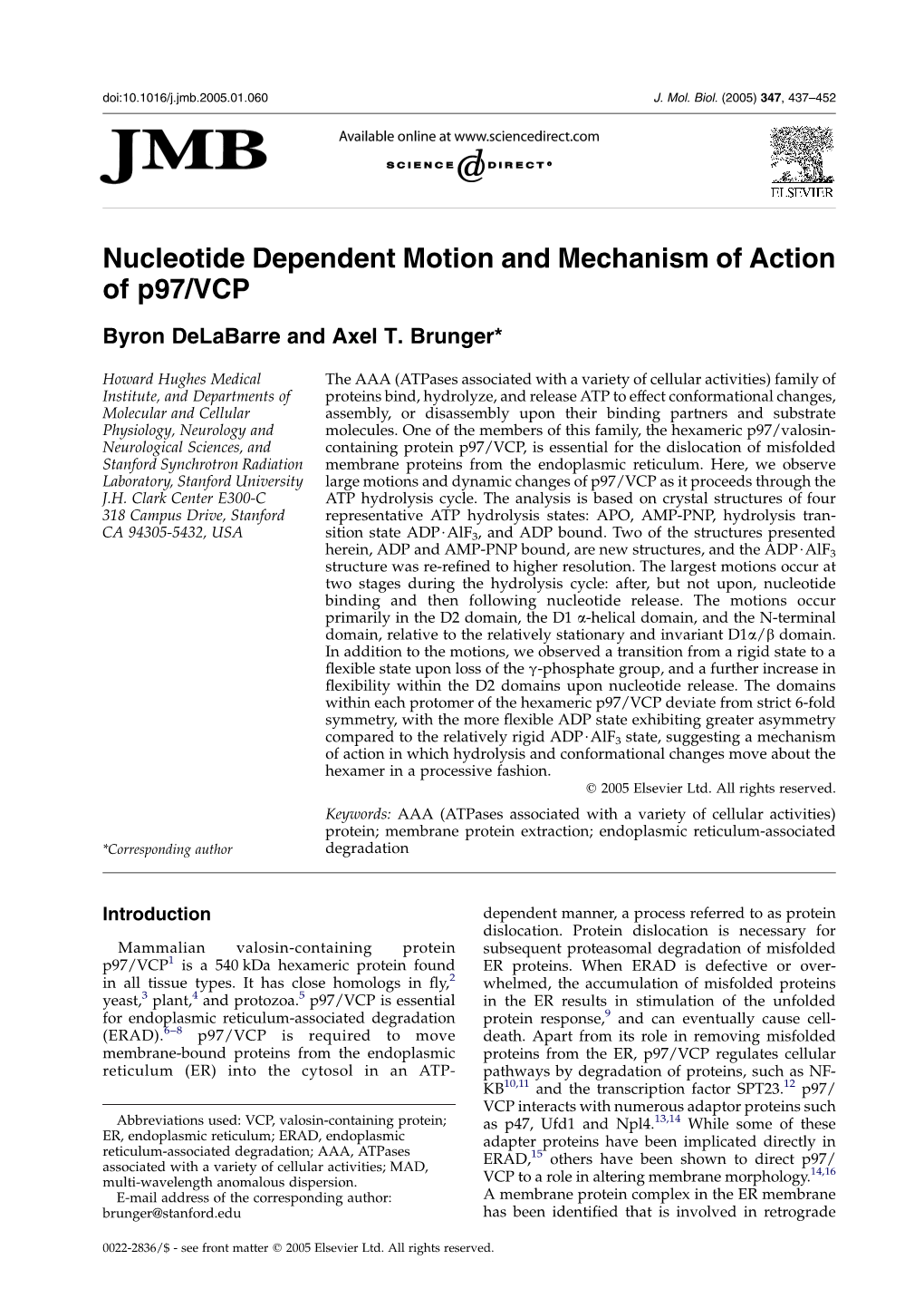 Nucleotide Dependent Motion and Mechanism of Action of P97/VCP