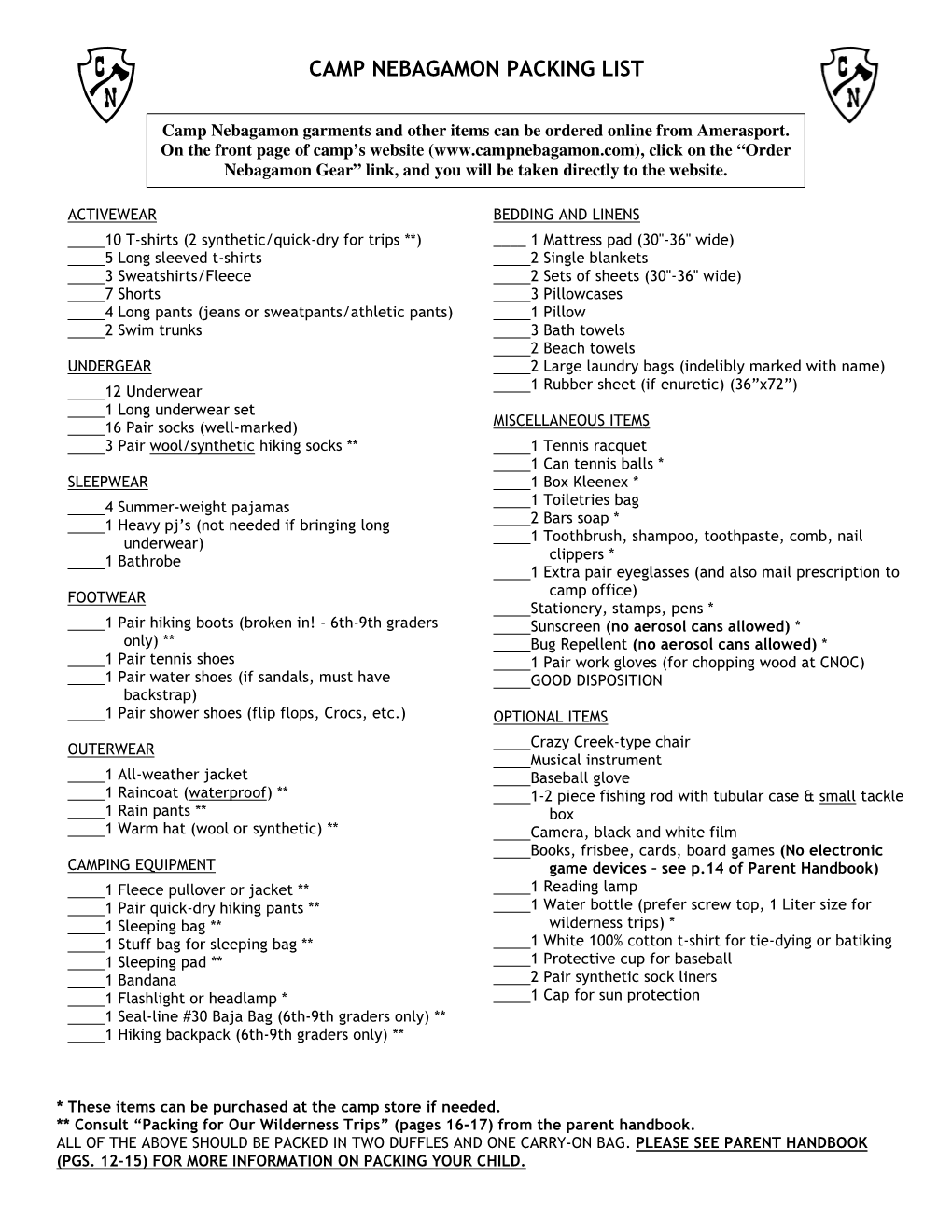 Camp Nebagamon Packing List