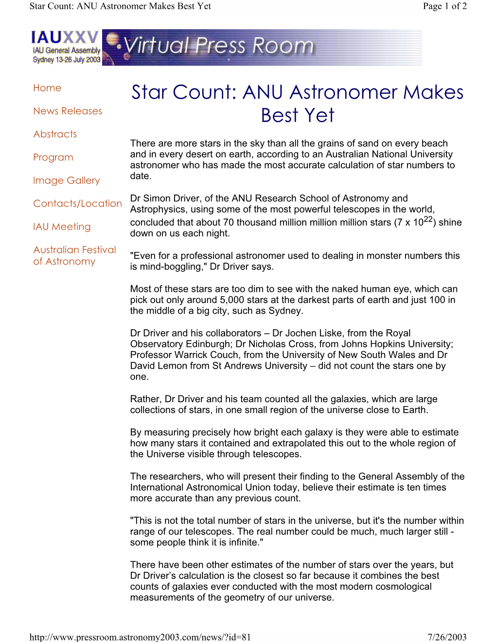 Star Count: ANU Astronomer Makes Best Yet Page 1 of 2