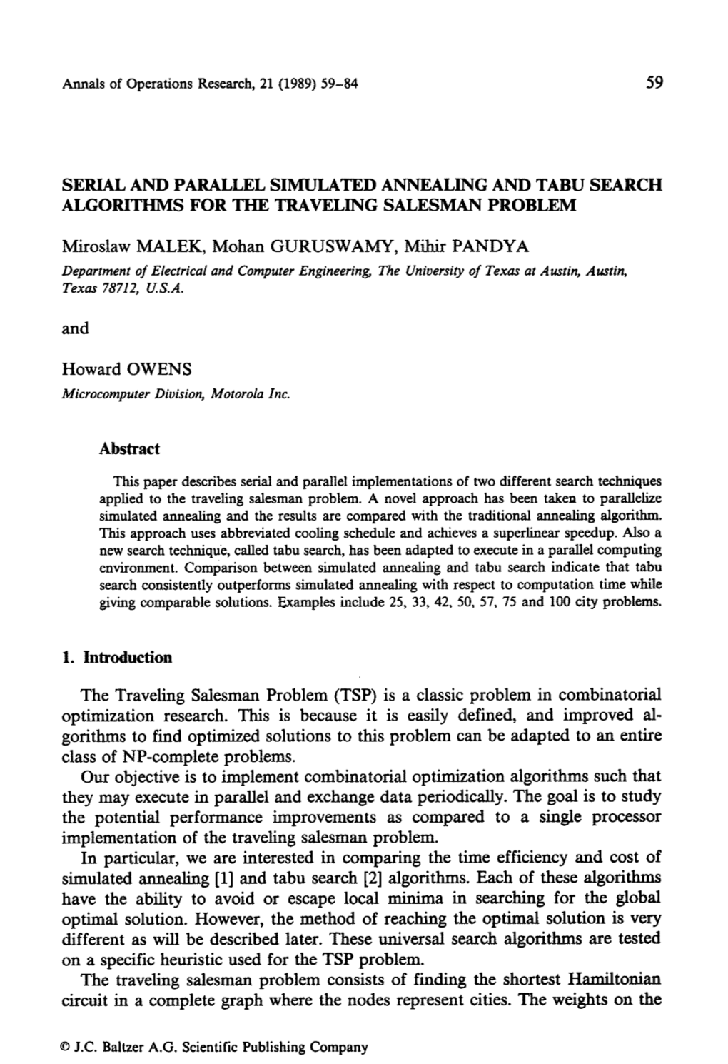 Serial and Parallel Simulated Annealing and Tabu Search Algorithms for the Traveling Salesman Problem