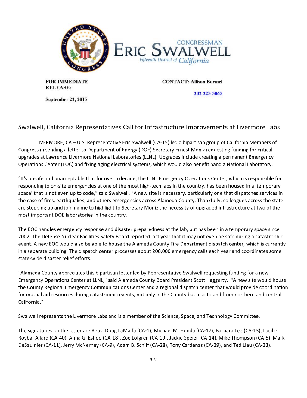 Swalwell, California Representatives Call for Infrastructure Improvements at Livermore Labs