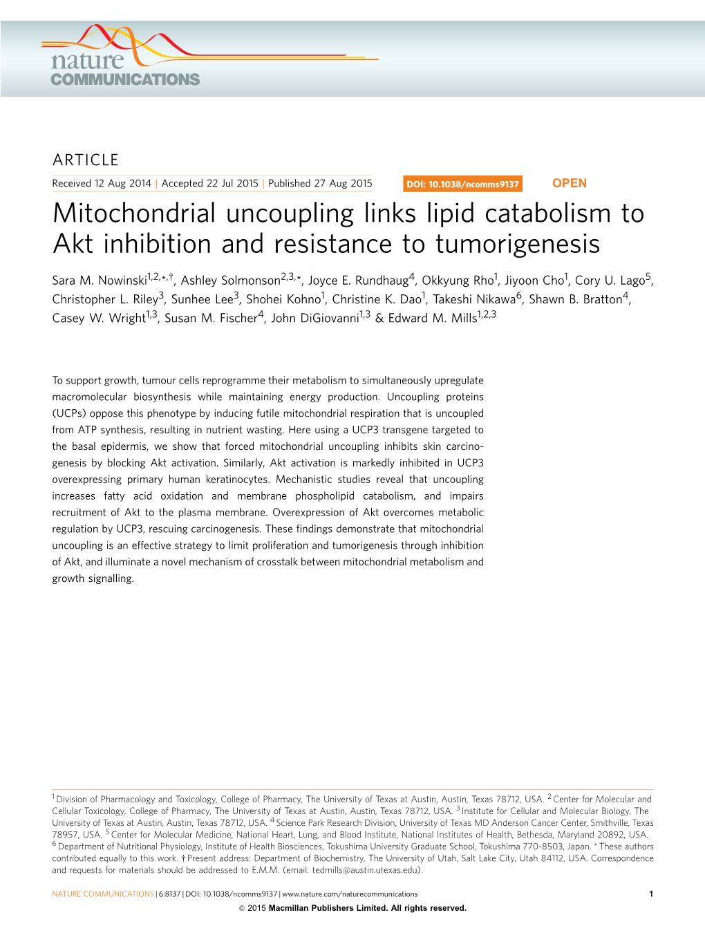 Mitochondrial Uncoupling Links Lipid Catabolism to Akt Inhibition and Resistance to Tumorigenesis