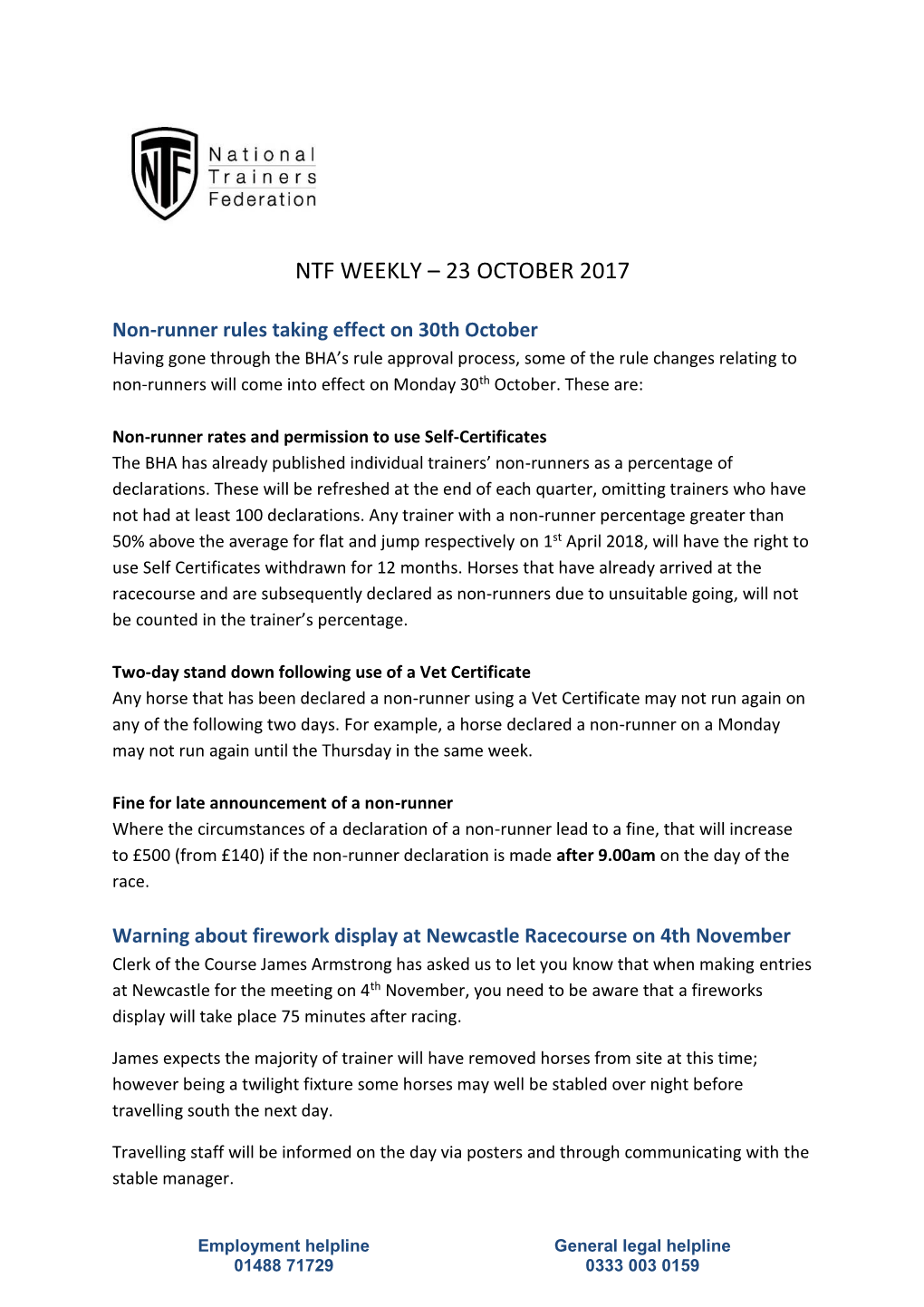 Ntf Weekly – 23 October 2017