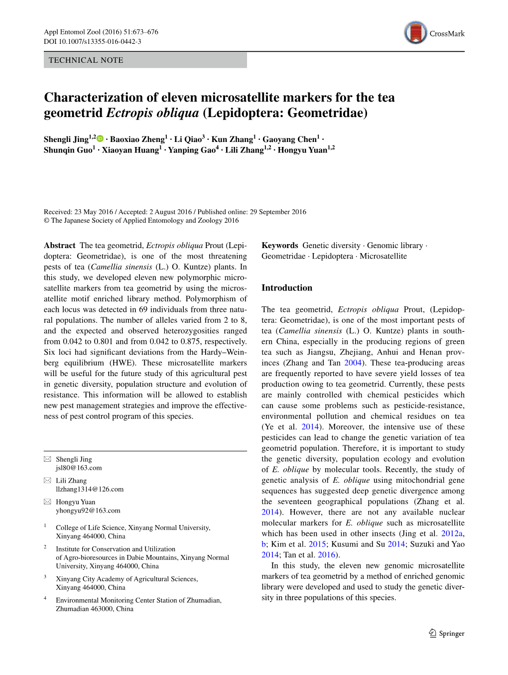 Characterization of Eleven Microsatellite Markers for the Tea Geometrid Ectropis Obliqua (Lepidoptera: Geometridae)