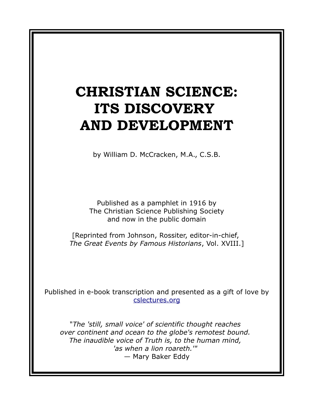 Christian Science: Its Discovery and Development