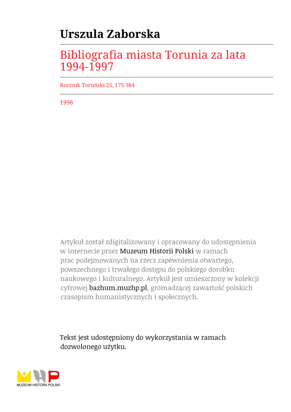 Urszula Zaborska Bibliografia Miasta Torunia Za Lata 1994-1997