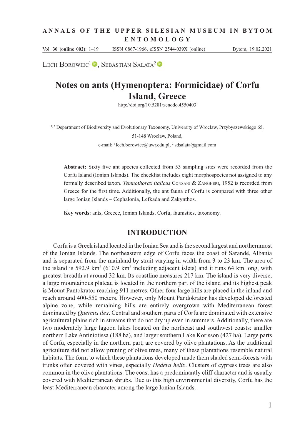 Notes on Ants (Hymenoptera: Formicidae) of Corfu Island, Greece