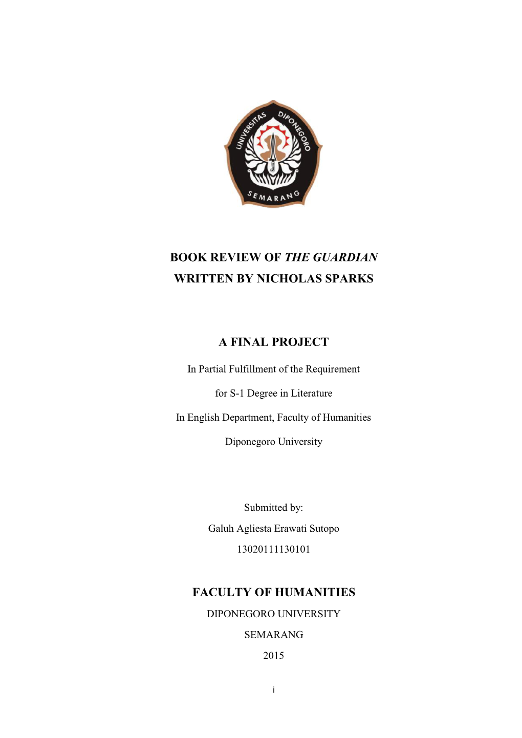 Book Review Written by a Fina Faculty Book Review of the Guardian Written by Nicholas Sparks a Final Project Faculty of Humaniti