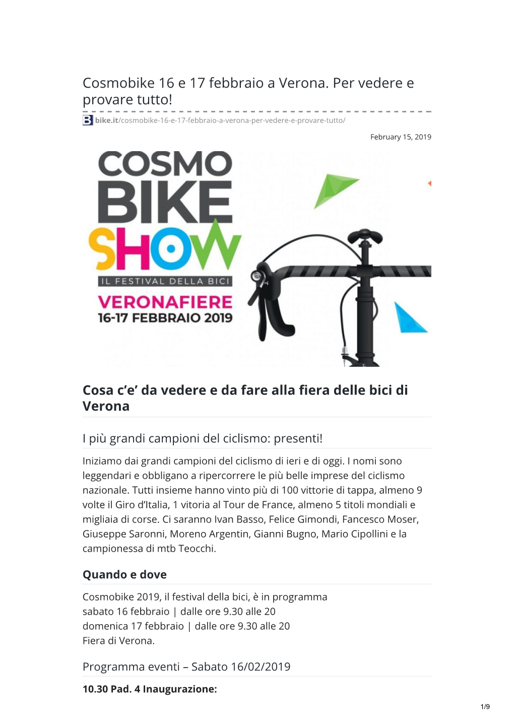 Cosmobike 16 E 17 Febbraio a Verona. Per Vedere E Provare Tutto!