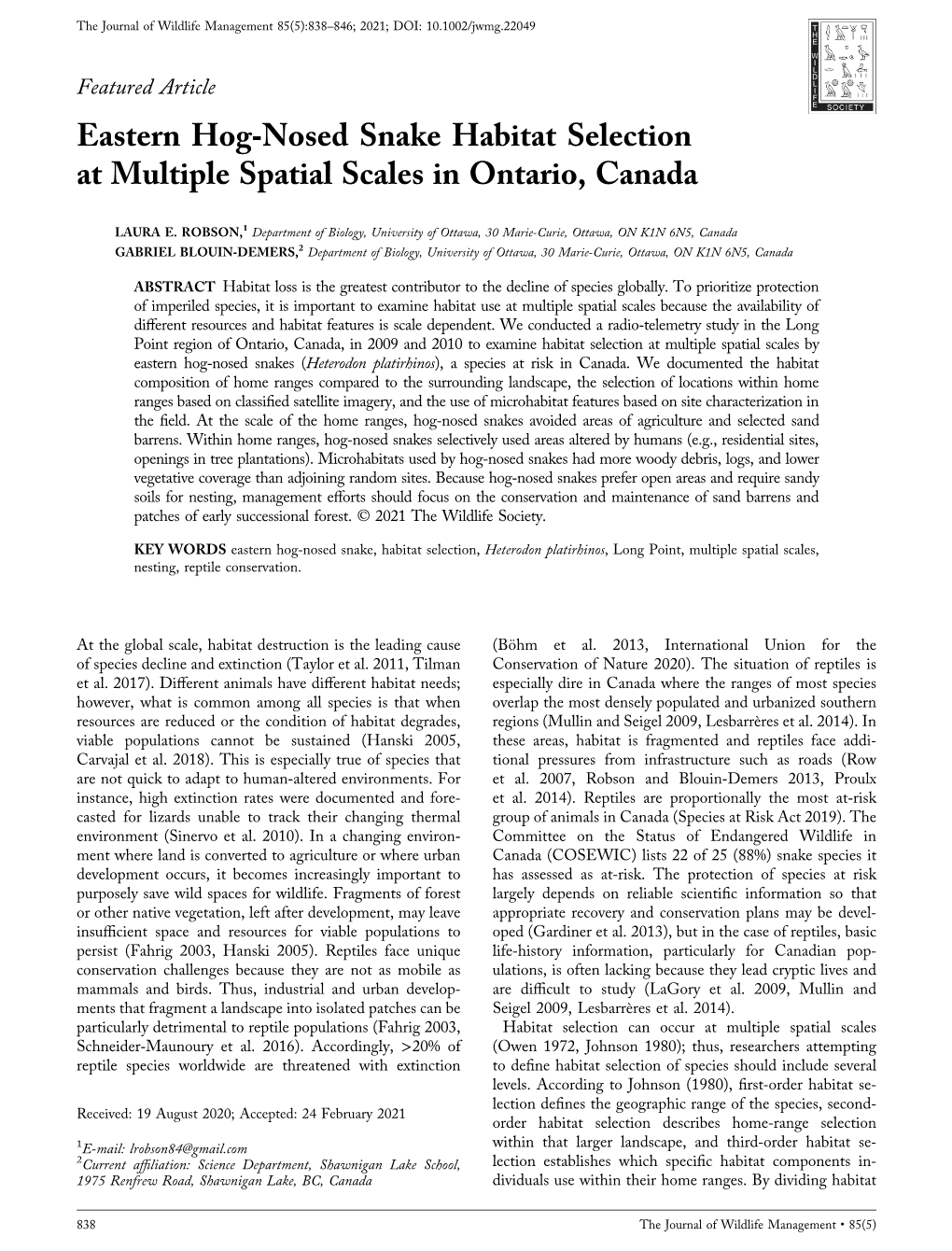 Eastern Hog‐Nosed Snake Habitat Selection at Multiple Spatial Scales in Ontario, Canada