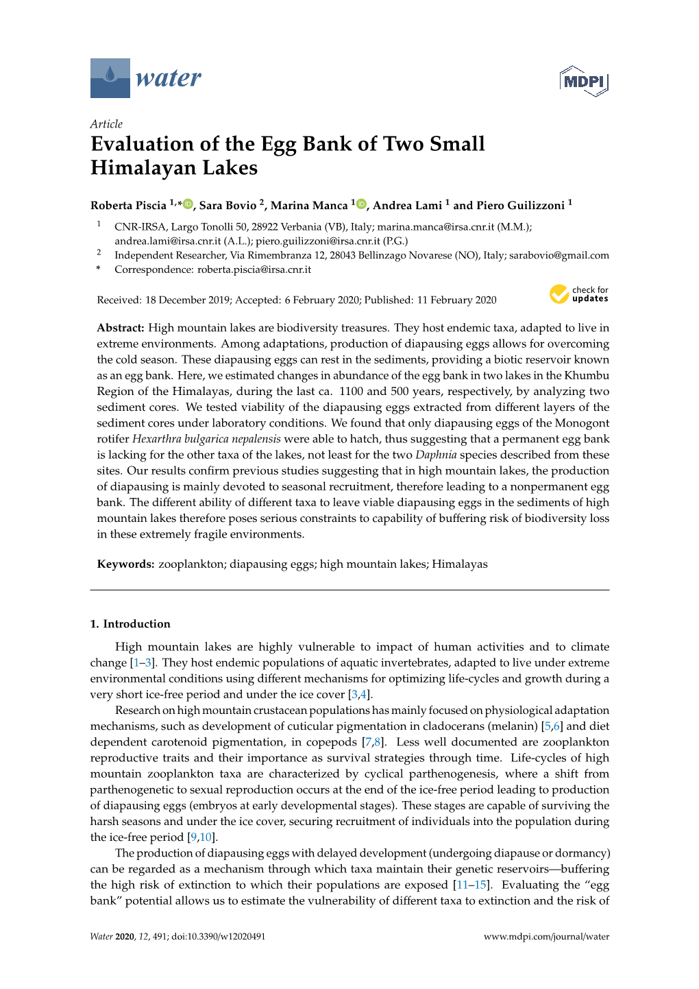 Evaluation of the Egg Bank of Two Small Himalayan Lakes