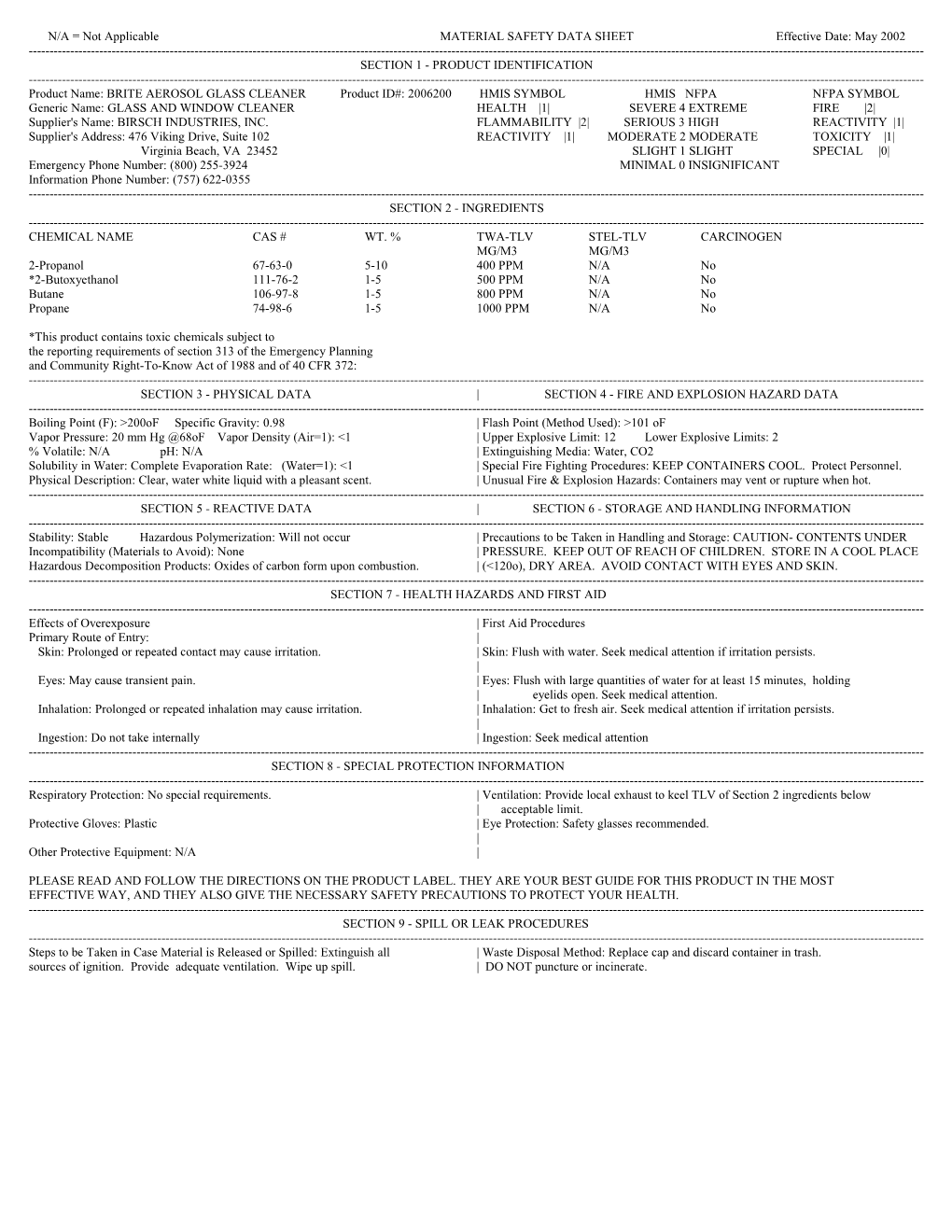 N/A = Not Applicable MATERIAL SAFETY DATA SHEET Effective Date: May 2002