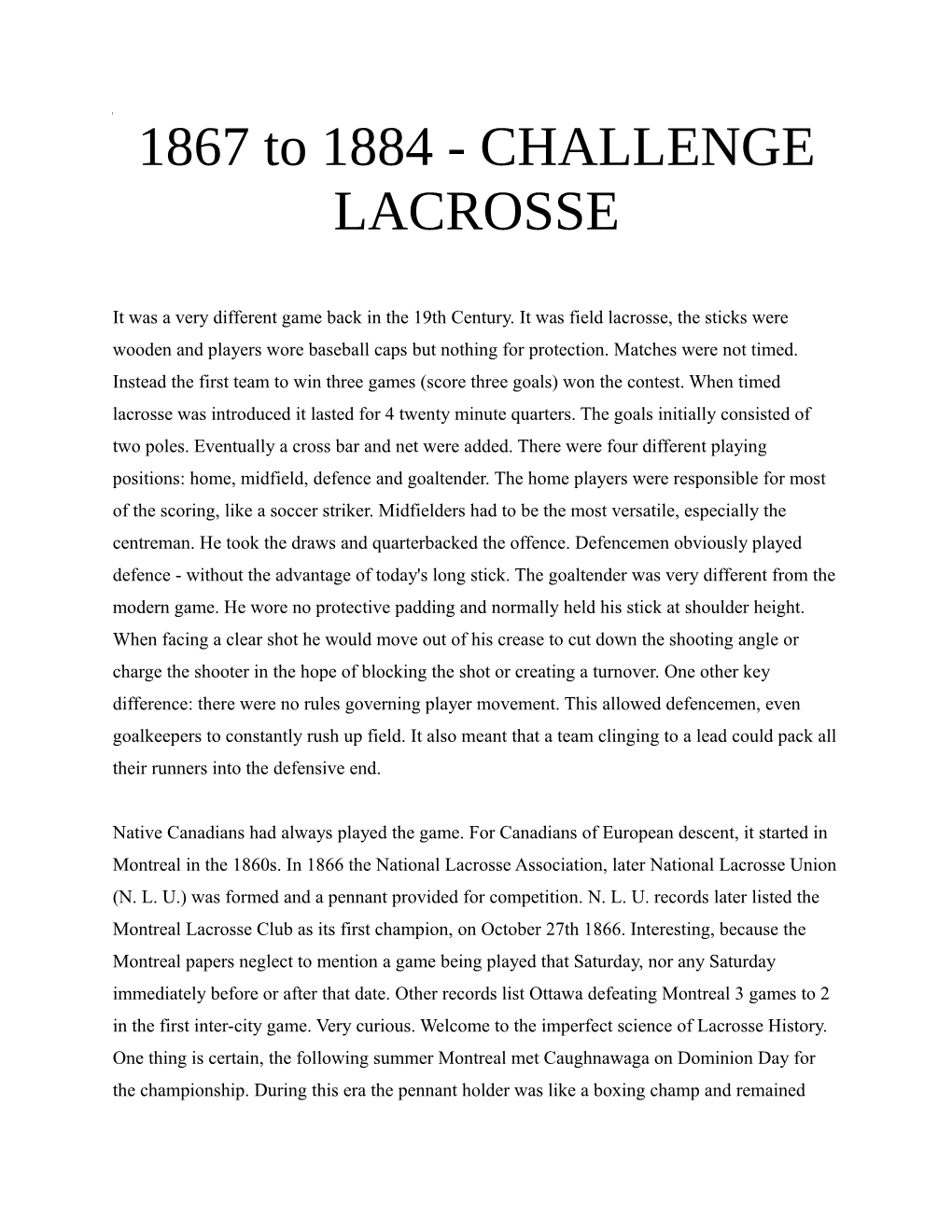 1867 to 1884 - CHALLENGE LACROSSE