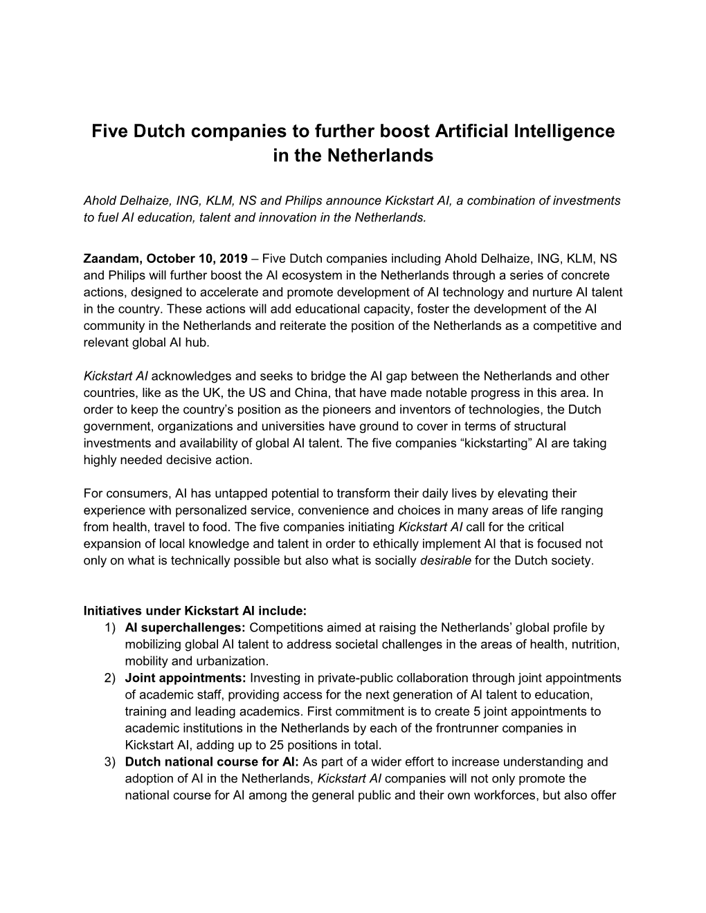 Five Dutch Companies to Further Boost Artificial Intelligence in the Netherlands