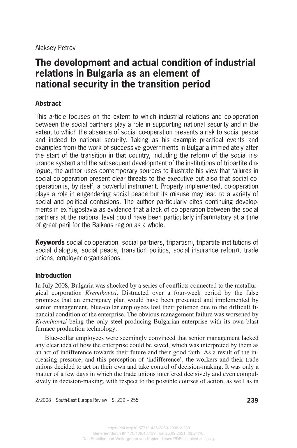 The Development and Actual Condition of Industrial Relations in Bulgaria As an Element of National Security in the Transition Period