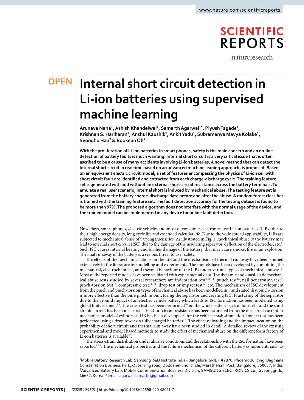 Internal Short Circuit Detection in Li-Ion Batteries Using Supervised Machine